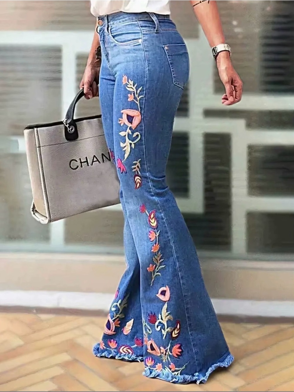 Blue Embroidered Flared Jeans with Floral Detail Medium Rise